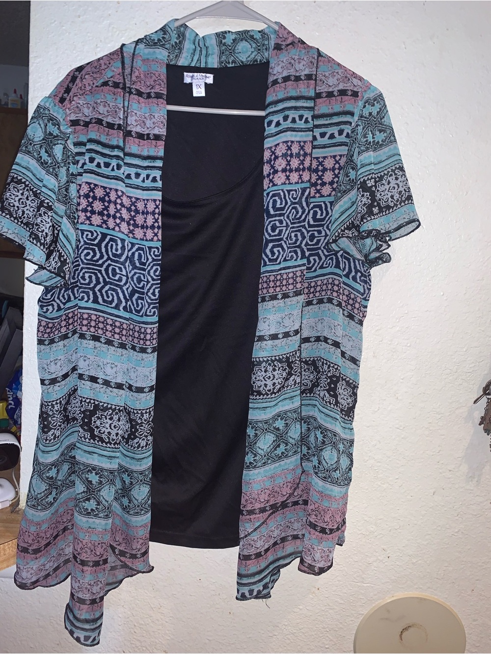Rebecca Malone Teal Pink Black Patterned Open Cardigan